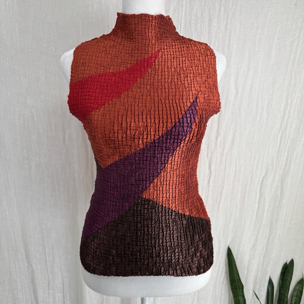 Y2K Cache Crinkle Tank Top L Vintage 90s Abstract Artsy Indie Chic High Neck